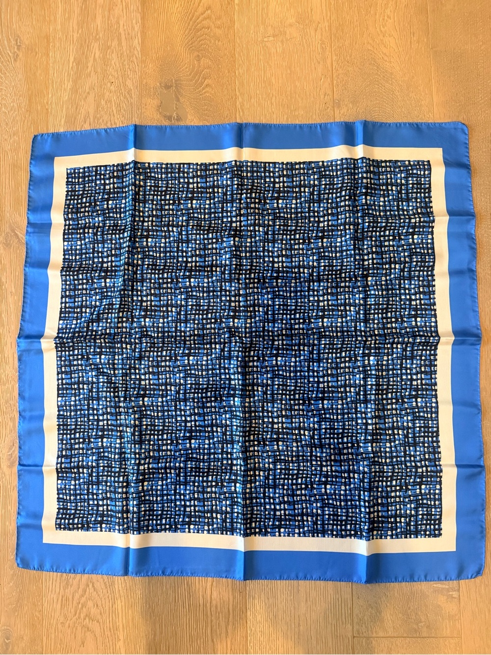 Blue Patterned Silk Square Scarf with Cream Border